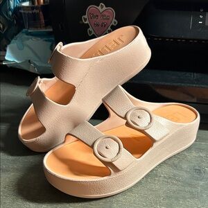 Lemon Jelly Gaia platform slides in a rose and orange colorway size 38